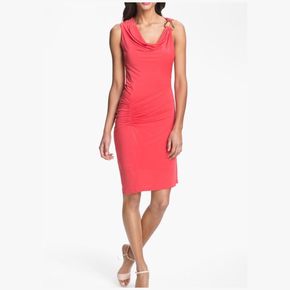 NWT Halston Heritage Ruched Ring-Shoulder Dress
